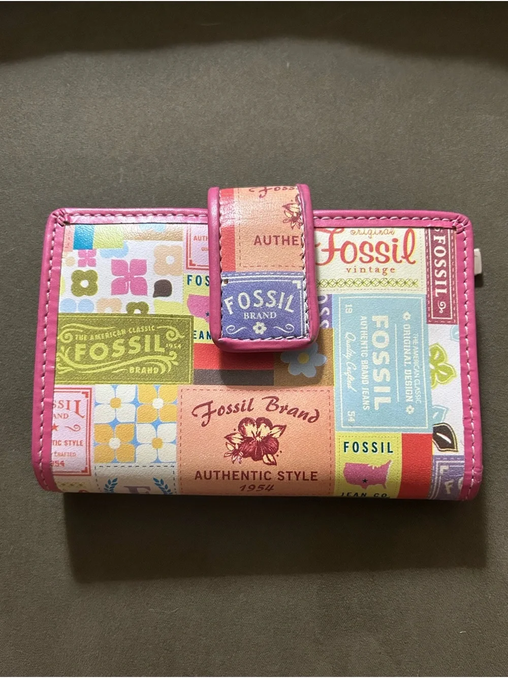 Fossil Multicolor Patchwork Wallet with Pink Trim